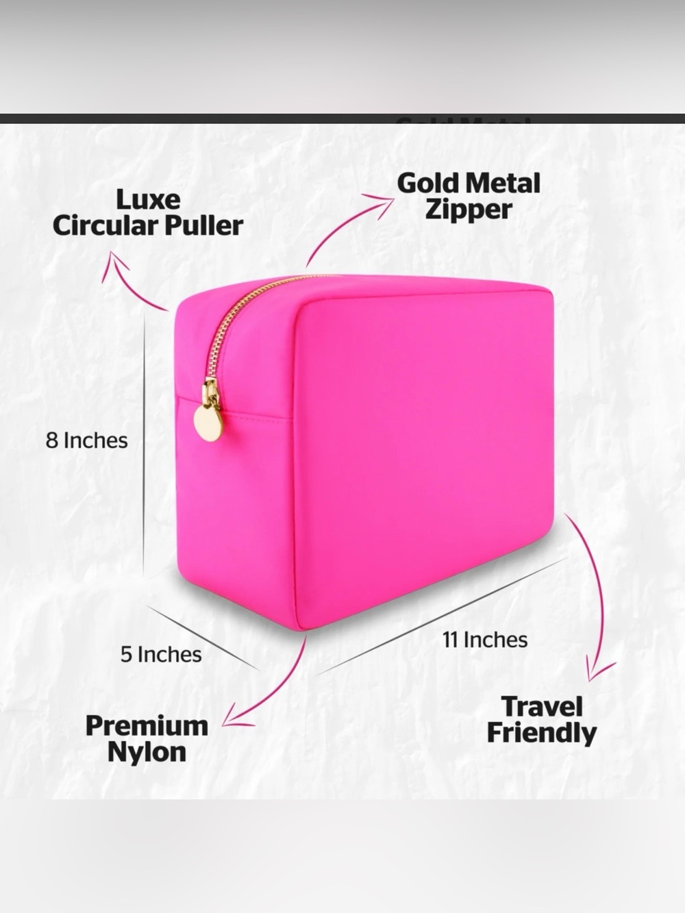 Bright Pink Nylon Cosmetic Travel Pouch with Gold Zipper